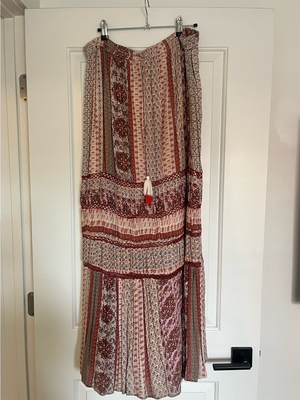 Urban Outfitters Red and Cream Boho Tiered Maxi Skirt